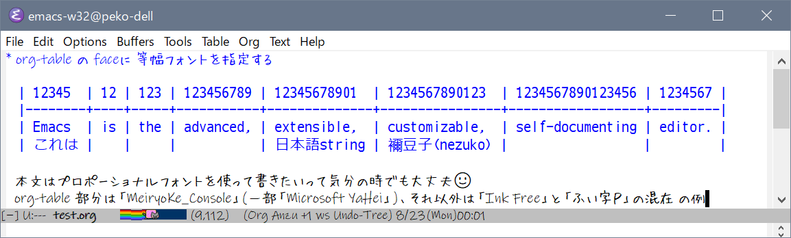 org-tableのfaceに等幅フォントを指定 その2