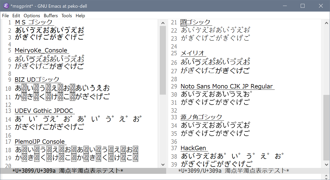 U+3099/U+309a 濁点半濁点表示テスト on Emacs